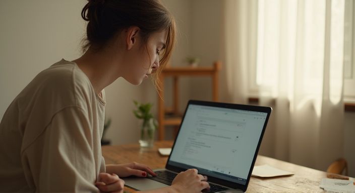 Eine Person arbeitet konzentriert an einem offenen Laptop in einem gemütlichen Raum.