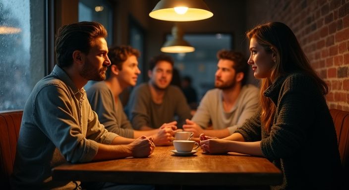 Freunde sitzen entspannt in einem Café und führen engagierte Gespräche.