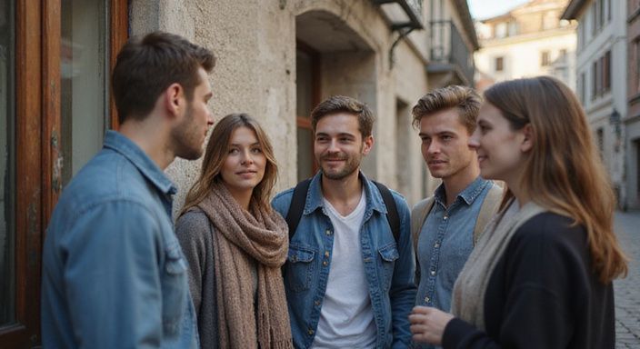 Junge Erwachsene unterhalten sich entspannt auf einer Kopfsteinpflasterstraße.