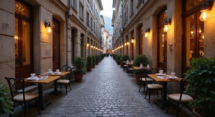 Eine schmale Gasse in Innsbruck mit gemütlichen Cafés und historischen Wänden.