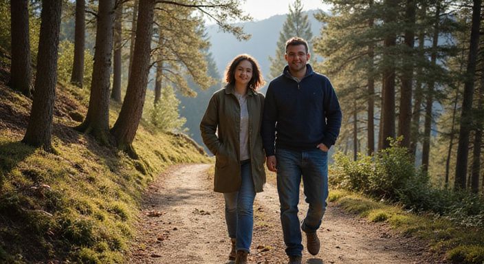 Ein Paar wandert entspannt auf einem schmalen Waldweg.