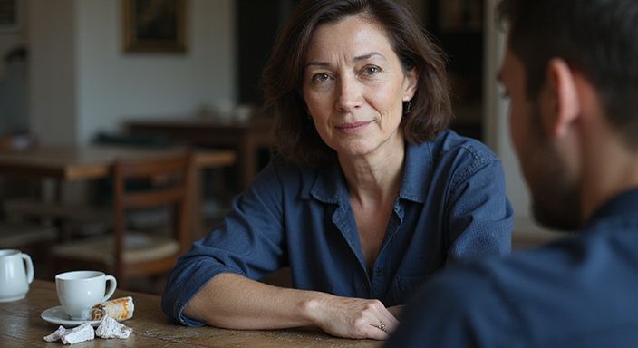 Eine nachdenkliche Frau führt ein vertrauliches Gespräch in einem Café.