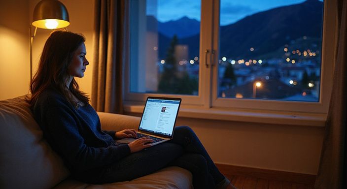 Eine Frau sitzt entspannt auf einem Sofa und arbeitet am Laptop.