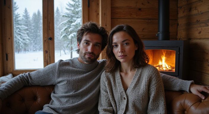 Ein Paar entspannt in einer holzigen Berghütte am Kamin. Ein Paar entspannt in einer holzigen Berghütte am Kamin.