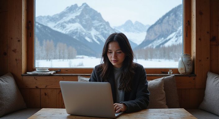 Eine Frau arbeitet konzentriert an ihrem Laptop in einem Chalet. Eine Frau arbeitet konzentriert an ihrem Laptop in einem Chalet und suche erotisch kontakt und sextreffen in Graubünden.