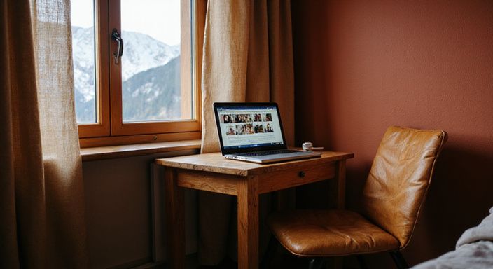 Gemütliches Schlafzimmer in Graubünden mit Laptop und Bergblick. Gemütliches Schlafzimmer in Graubünden mit Laptop und Bergblick.