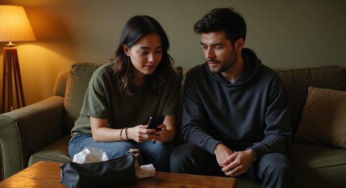 Ein junges Paar entspannt sich auf einem Sofa und nutzt Smartphones. Ein junges Paar entspannt sich auf einem Sofa und nutzt Smartphones.