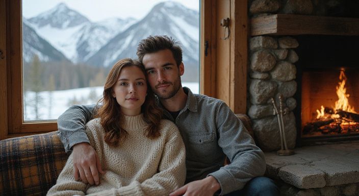 Ein Paar sitzt entspannt auf einer Couch in einem Chalet. Ein Paar sitzt entspannt auf einer Couch in einem Chalet und wollen erotisch kontakt und sextreffen in Graubünden.