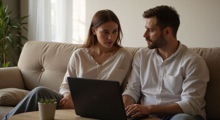 Ein Paar führt ein Gespräch über erotisch kontakt und sextreffen in Luzern am Tisch mit einem Laptop