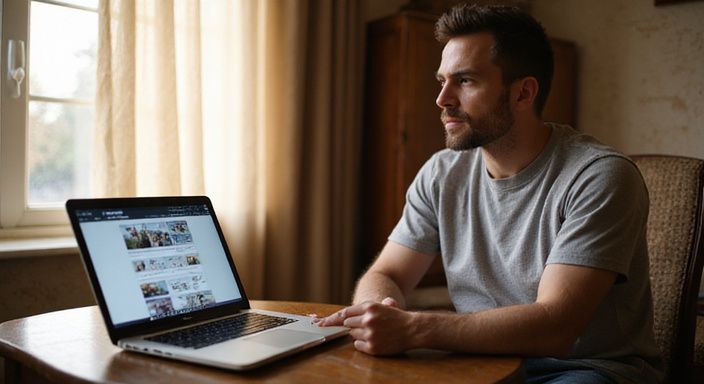 Eine Person sitzt entspannt an einem Tisch mit einem Laptop und suche erotisch kontakt und sextreffen in Luzern.