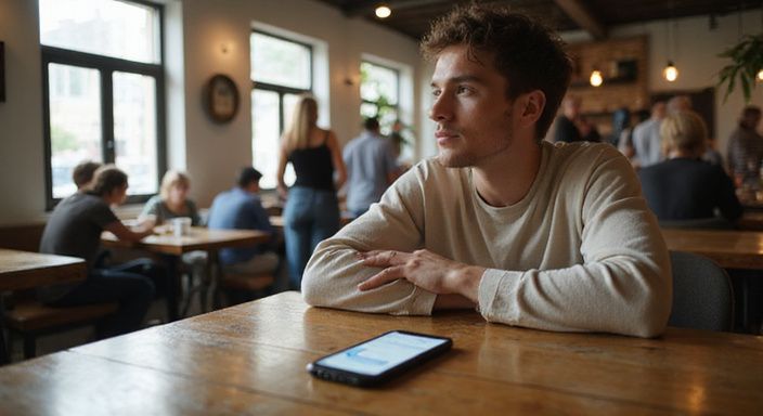 Eine Person unterhält sich entspannt in einem belebten Café. Eine Person unterhält sich entspannt in einem belebten Café.