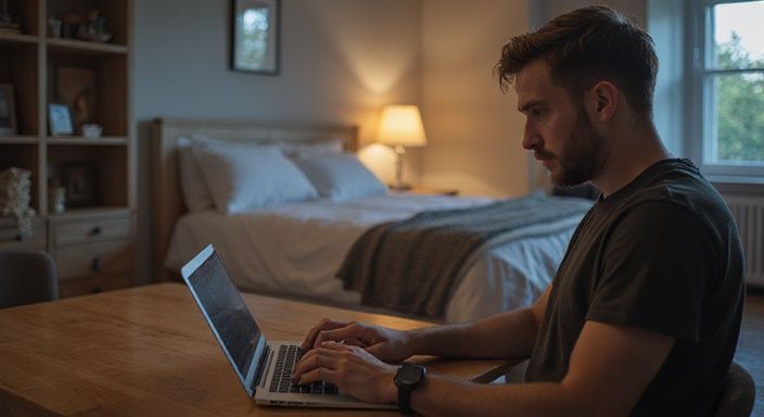 Eine Person sitzt am Schreibtisch und tippt konzentriert auf dem Laptop. Eine Person sitzt am Schreibtisch und tippt konzentriert auf dem Laptop und suche erotische kontakte sex dating Bayern.