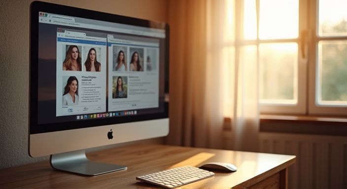 Ein Computerbildschirm zeigt verschiedene Dating-Website-Profile in einem gemütlichen Raum. Ein Computerbildschirm zeigt verschiedene Dating-Website-Profile in einem gemütlichen Raum.