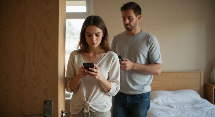 Ein Paar steht entspannt in einem Gästezimmer und schaut auf Handys. Ein Paar steht entspannt in einem Gästezimmer und schaut auf Handys.