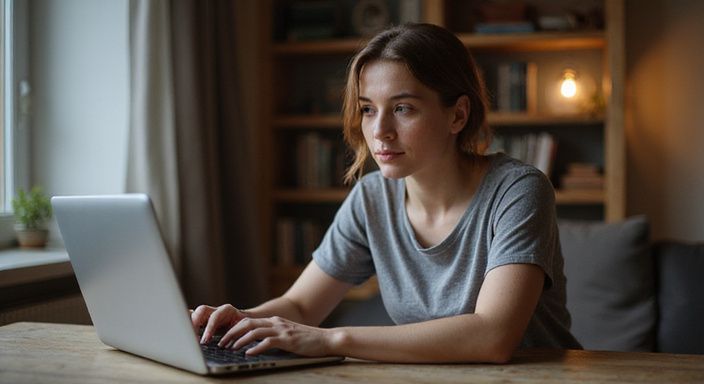Eine junge Frau sitzt an einem Schreibtisch und nutzt einen Laptop. Eine junge Frau sitzt an einem Schreibtisch und nutzt einen Laptop und suche erotische kontakte sex dating Bayern.