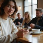 Eine junge Frau sitzt in einem Café und benutzt ihr Smartphone