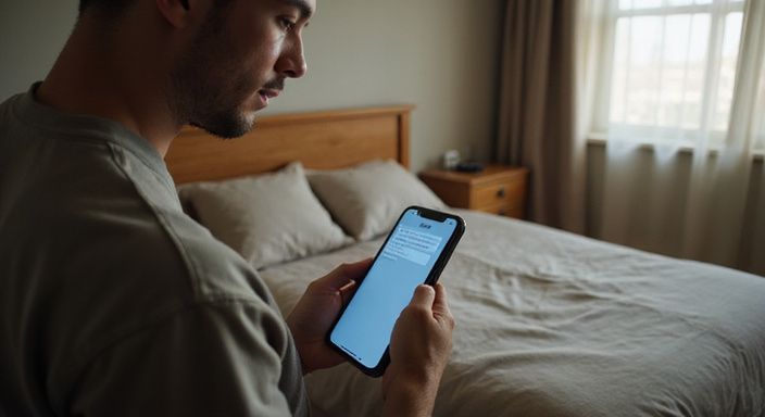Eine Person betrachtet konzentriert Anzeigen auf ihrem Smartphone in einem Schlafzimmer. Eine Person betrachtet konzentriert Anzeigen auf ihrem Smartphone in einem Schlafzimmer.