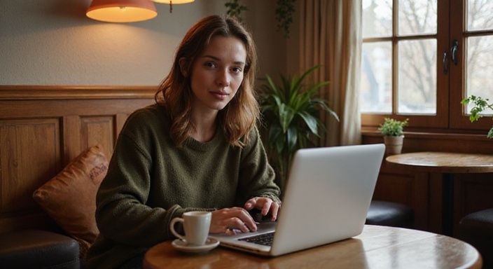 Eine Frau sitzt in einem Café und nutzt eine Dating-Website. Eine Frau sitzt in einem Café und nutzt eine Dating-Website.