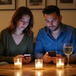 Ein Paar sitzt entspannt auf einem Sofa und betrachtet seine Smartphones