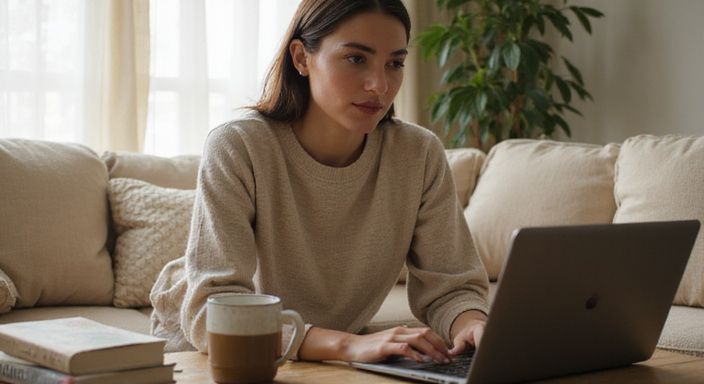 Eine Frau sitzt entspannt auf einer Couch und arbeitet am Laptop und suche erotische kontakte sex-dating niedersachsen.