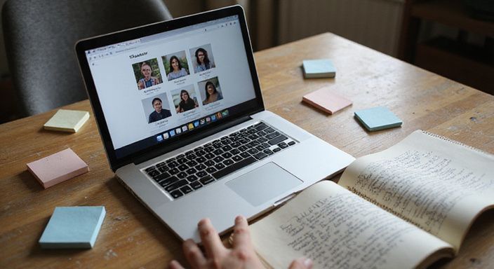 Ein Schreibtisch mit Laptop, Notizen und einem Notizblock für Dating für erotische kontakte sex-dating niedersachsen.