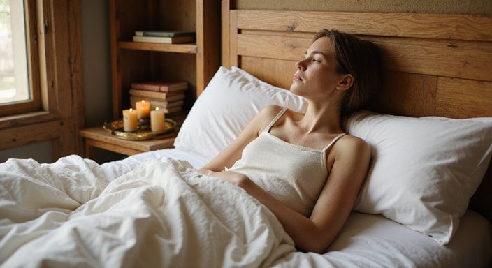 Ein gemütlicher Schlafbereich mit einem entspannten Menschen im Bett