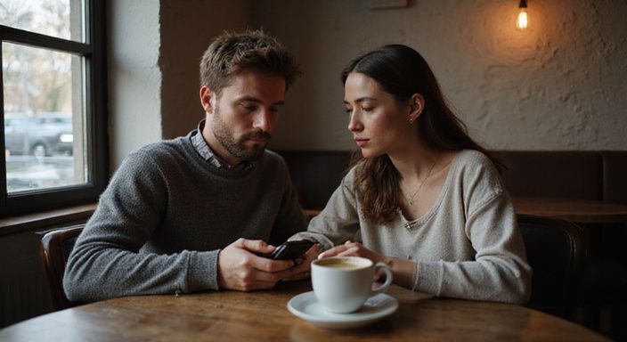 Ein Paar diskutiert entspannt in einem Café über Kontaktanzeigen für Erotische Kontakte und Sex-Dating in Kärnten.