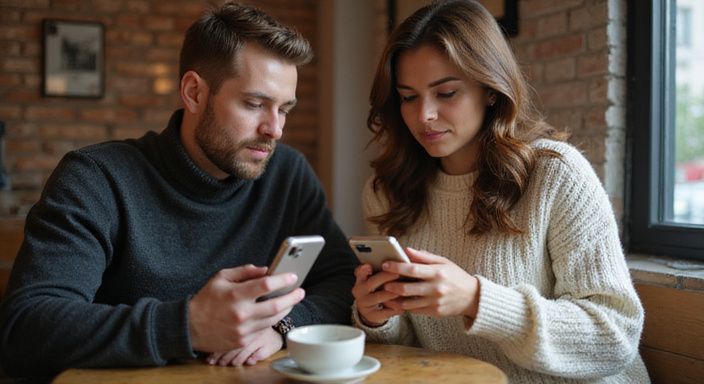 Ein Paar in einem Café, anonymes Dating auf ihren Smartphones.
