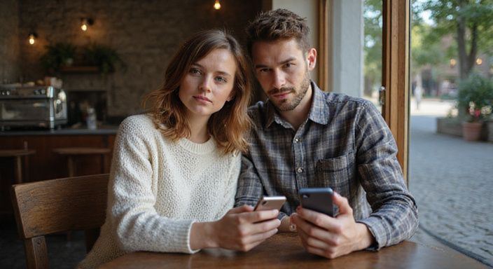 Ein Paar nutzt eine Dating-App für Erotische Kontakte und Sex-Dating in Kärnten in einem gemütlichen Café.