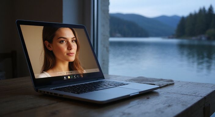 Ein Laptop zeigt ein Dating-Profil von Erotische Kontakte und Sex-Dating in Kärnten in einem gemütlichen Raum.