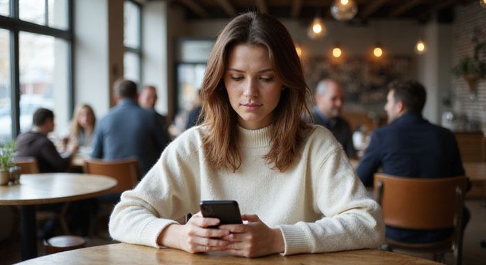 Eine Frau in einem Café studiert aufmerksam ihr Smartphone und suche Erotische Kontakte und Sex-Dating in Kärnten.