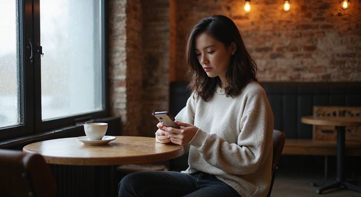 Eine Frau sitzt nachdenklich in einem Café und schaut auf ihr Smartphone.