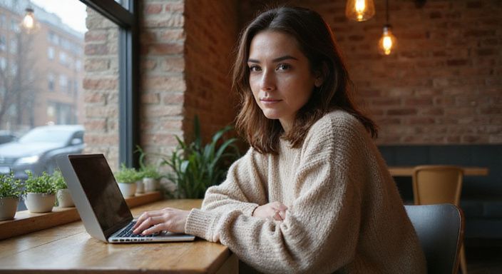 Eine Frau arbeitet konzentriert an ihrem Laptop in einem Café.