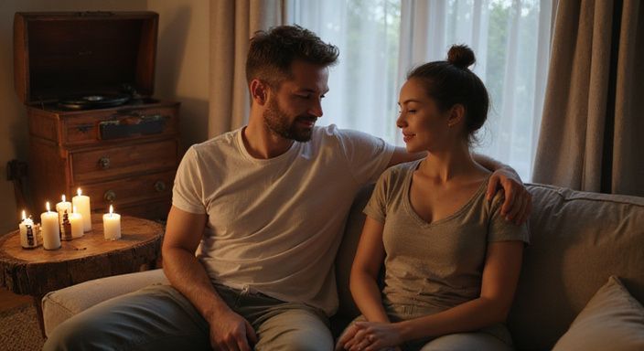 Ein Paar entspannt sich bei einer Massage in einem gemütlichen Wohnzimmer.