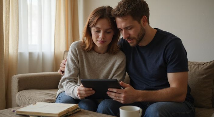 Ein Paar sitzt auf einem Sofa und betrachtet gemeinsam ein Tablet und wollen Erotische Kontakte und Sex-Dating in Kärnten.