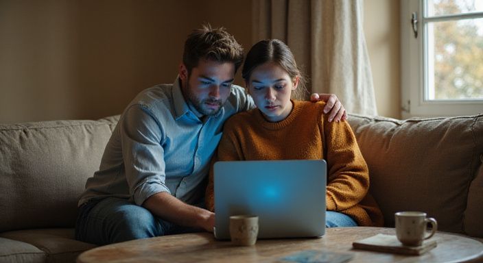 Ein Paar sitzt auf einem Sofa und teilt einen konzentrierten Moment am Laptop.