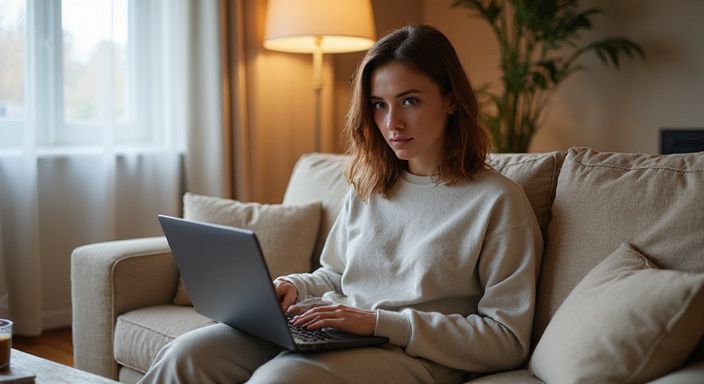 Eine Frau sitzt auf einem Sofa und arbeitet am Laptop. Eine Frau sitzt auf einem Sofa und arbeitet am Laptop.
