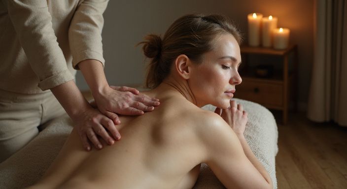 Eine Frau erhält entspannt eine Rückenmassage auf einem Massagetisch. Eine Frau erhält entspannt eine Rückenmassage auf einem Massagetisch.
