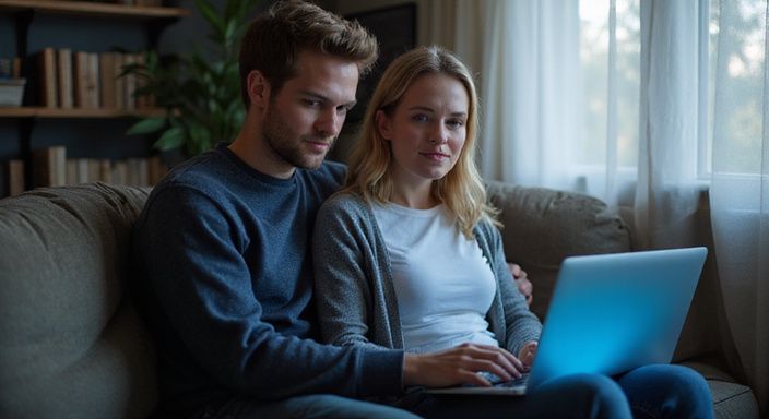 Ein Paar sitzt entspannt auf einem Sofa und nutzt einen Laptop. Ein Paar sitzt entspannt auf einem Sofa und nutzt einen Laptop.