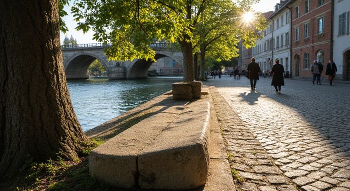 Ein ruhiger Treffpunkt am Donauufer in Krems mit urbaner Atmosphäre. Ein ruhiger Treffpunkt am Donauufer in Krems mit urbaner Atmosphäre.