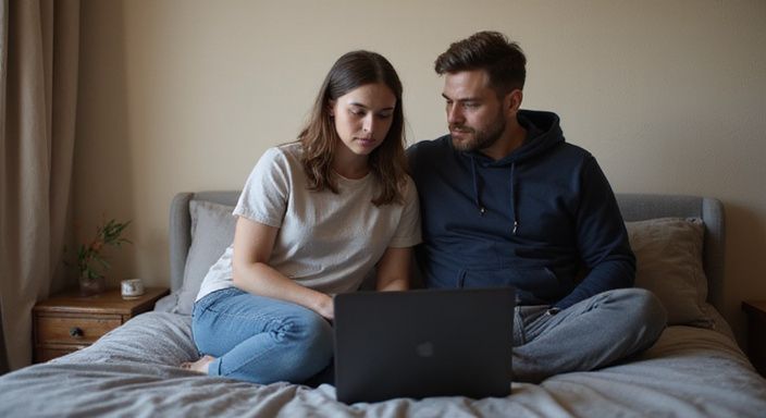 Ein Paar sitzt eng auf einem Bett und nutzt einen Laptop. Ein Paar sitzt eng auf einem Bett und nutzt einen Laptop und wollen Erotische Kontakte und Sex-Dating in Niederösterreich.