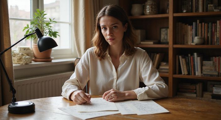 Eine Frau arbeitet konzentriert an ihrem Schreibtisch mit Notizen. Eine Frau arbeitet konzentriert an ihrem Schreibtisch mit Notizen.