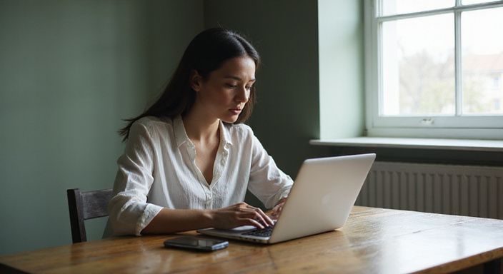 Eine Frau recherchiert konzentriert an einem Laptop über Dating-Plattformen. Eine Frau recherchiert konzentriert an einem Laptop über Dating-Plattformen und suche Erotische Kontakte und Sex-Dating in Niederösterreich.