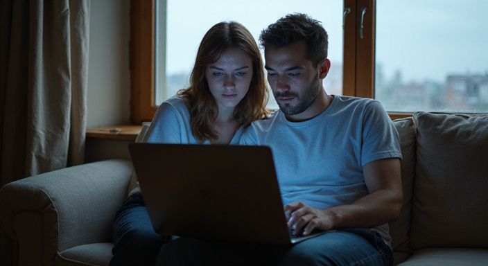 Junge Frau und Mann schauen gemeinsam etwas auf einem Laptop. Junge Frau und Mann schauen gemeinsam etwas auf einem Laptop.