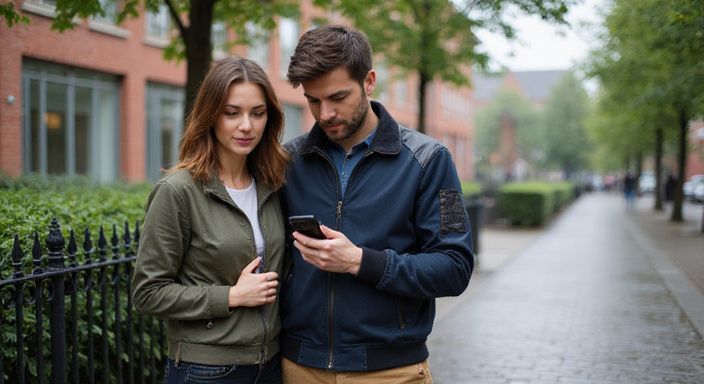 Ein Paar steht nahe einem Zaun im Stadtpark und schaut auf ein Handy. Ein Paar steht nahe einem Zaun im Stadtpark und wollen Erotische Kontakte und Sex-Dating in Niederösterreich.
