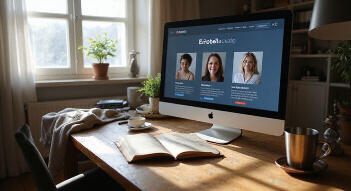 Ein unaufgeräumtes Homeoffice mit modernem Monitor und Notizbuch.