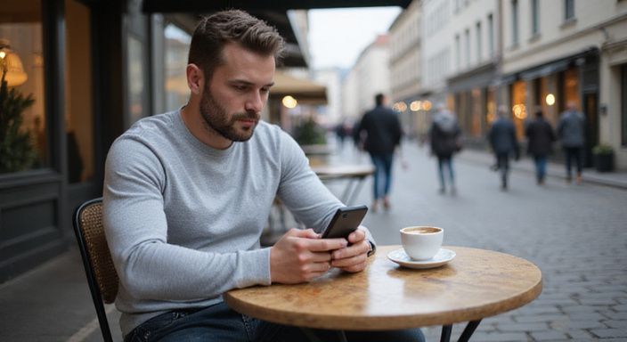 Ein Mann sitzt entspannt an einem Café-Tisch und scrollt auf seinem Smartphone.