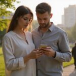 Erotische Kontakte und Sex-Dating in Oberösterreich: Jetzt Gleichgesinnte treffen Ein Paar in einem Park schaut konzentriert auf ihre Smartphones