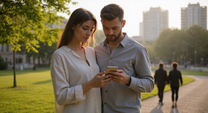 Ein Paar in einem Park schaut konzentriert auf ihre Smartphones