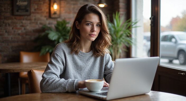 Eine Frau arbeitet konzentriert an ihrem Laptop in einem Café und wollen Erotische Kontakte und Sex-Dating in Oberösterreich.